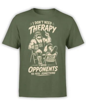 Green wrestling T-shirt with muscular mustached wrestler, folding chair, and opponent therapy lettering