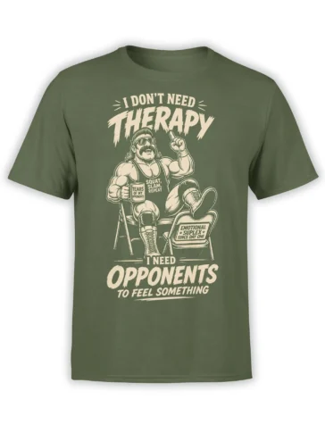 Green wrestling T-shirt with muscular mustached wrestler, folding chair, and opponent therapy lettering