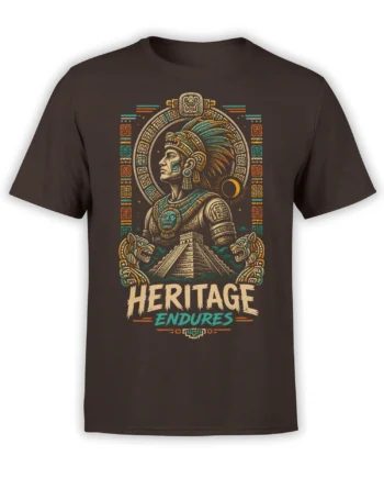 Brown T-shirt with an ancient-style warrior, pyramid, crescent moon, guardian creatures, and “HERITAGE ENDURES” design