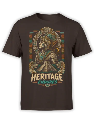 Brown T-shirt with an ancient-style warrior, pyramid, crescent moon, guardian creatures, and “HERITAGE ENDURES” design