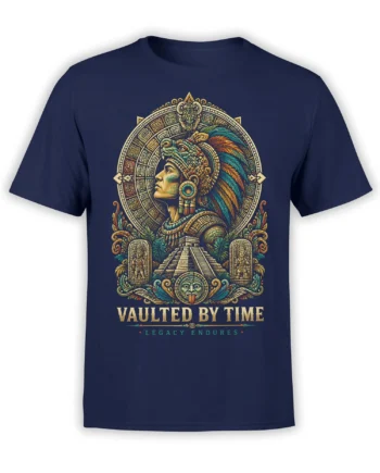 Aztec-inspired navy T-shirt with feathered warrior, stepped pyramid, and Vaulted by Time artwork
