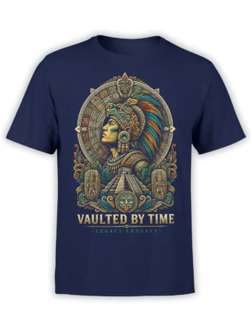 Aztec-inspired navy T-shirt with feathered warrior, stepped pyramid, and Vaulted by Time artwork