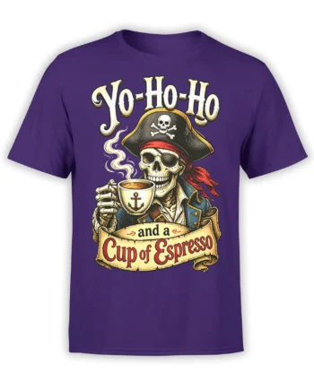 Purple coffee T-shirt with a pirate skeleton holding espresso beneath bold Yo-Ho-Ho lettering