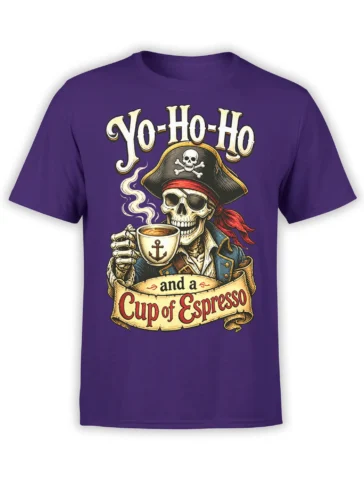 Purple coffee T-shirt with a pirate skeleton holding espresso beneath bold Yo-Ho-Ho lettering