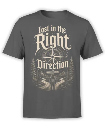 Gray compass travel T-shirt with a backpacker, mountain roads, pine trees, and Lost in the Right Direction lettering