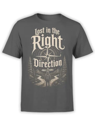 Gray compass travel T-shirt with a backpacker, mountain roads, pine trees, and Lost in the Right Direction lettering