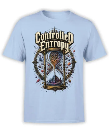 Controlled Entropy hourglass T-shirt in light blue with colorful particles and a futuristic city design