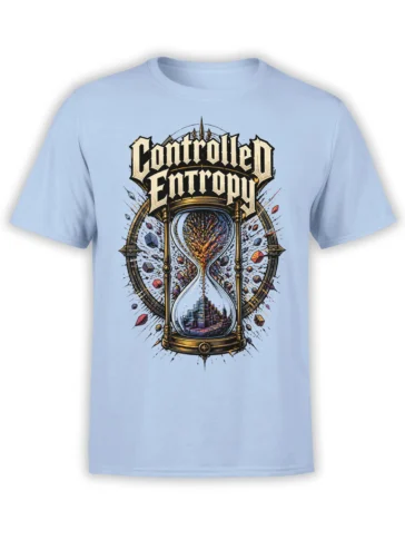 Controlled Entropy hourglass T-shirt in light blue with colorful particles and a futuristic city design