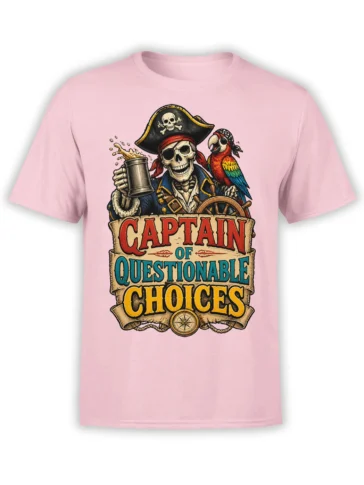 Pink pirate T-shirt with skeleton captain, colorful parrot, ship wheel, and “Captain of Questionable Choices” design