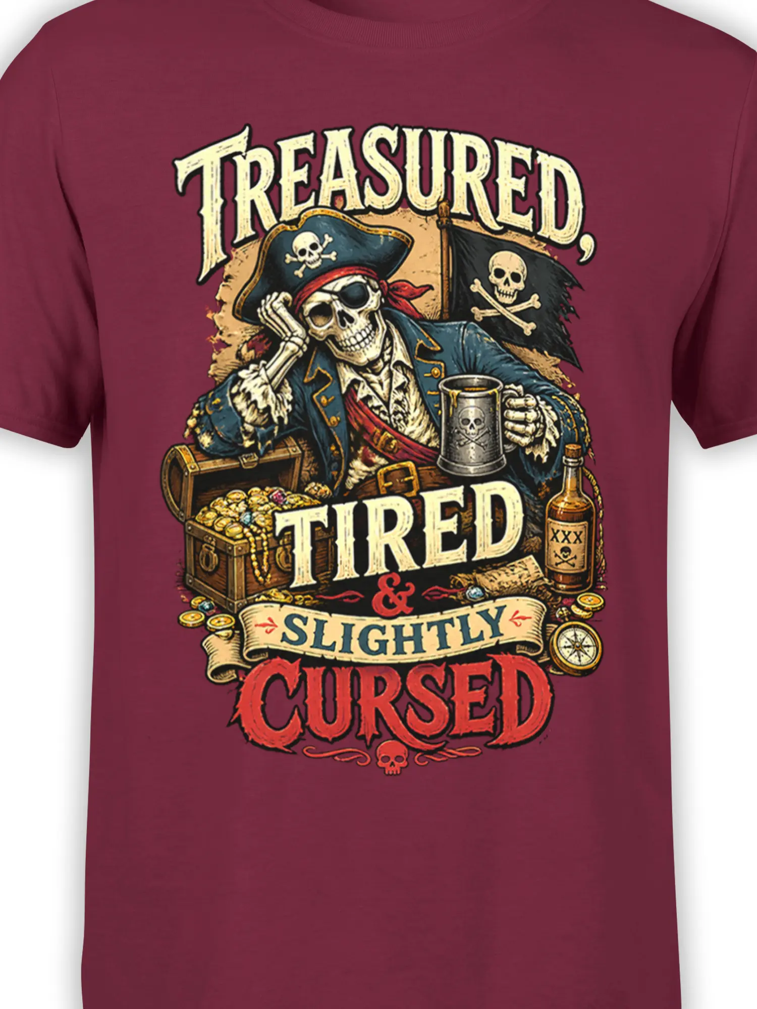 Close-up of burgundy pirate T-shirt showing skeleton captain, treasure, skull mug, and vintage lettering