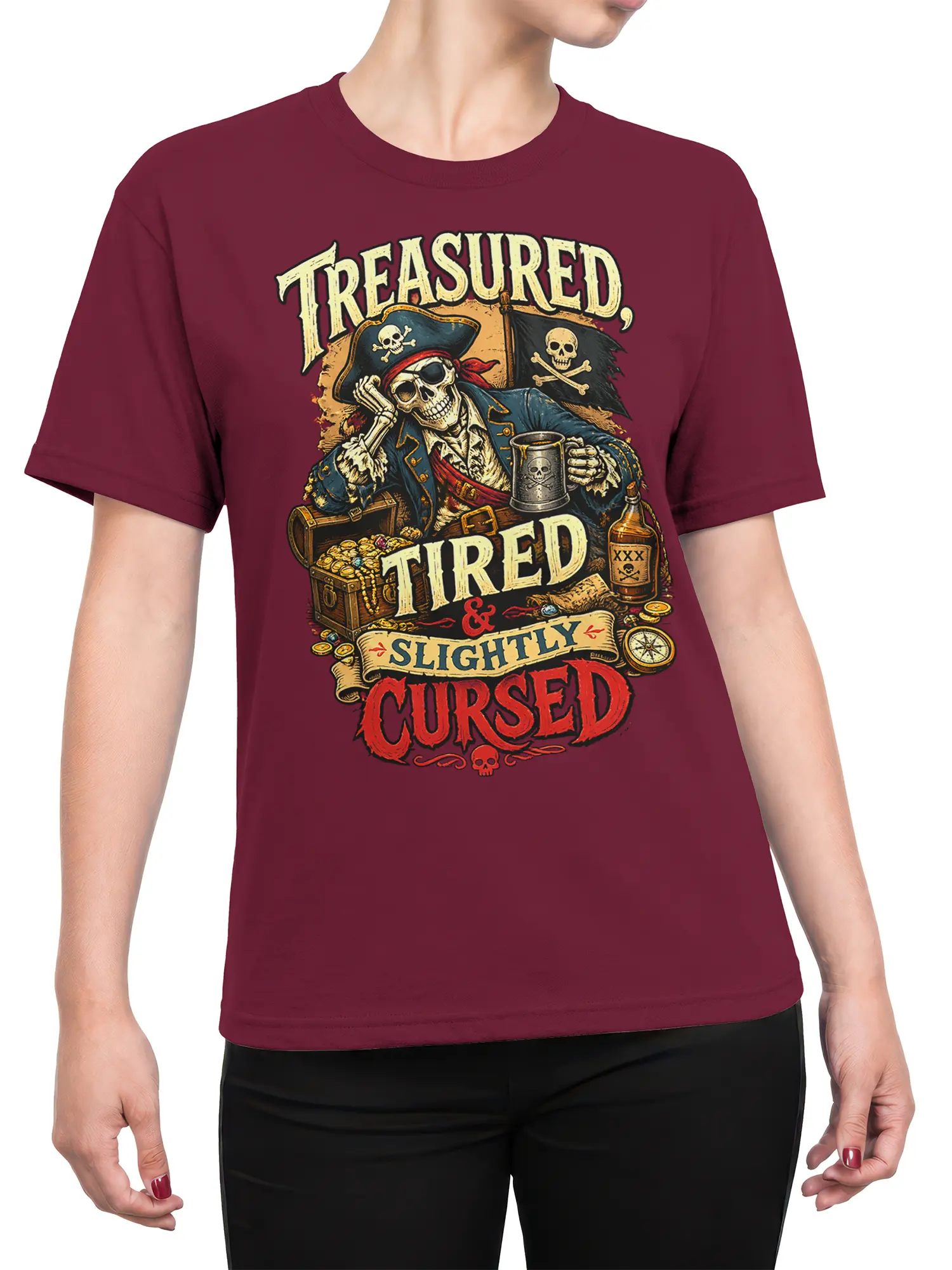 Female torso wearing a burgundy pirate T-shirt with skeleton captain and treasure chest artwork