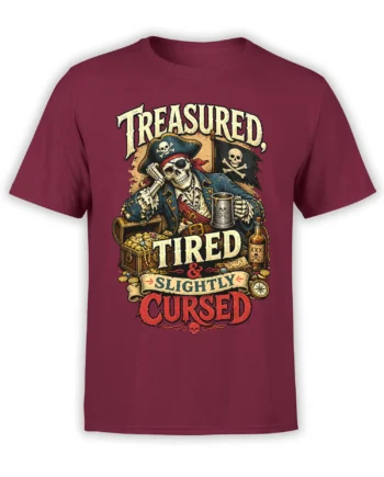 Vintage pirate skeleton captain T-shirt in burgundy with treasure chest and “Slightly Cursed” design