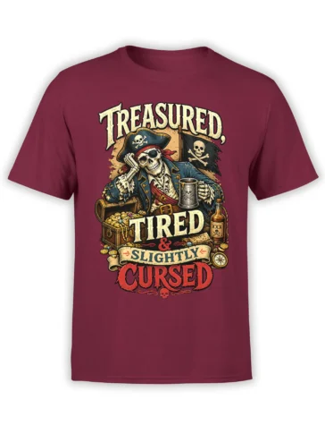 Vintage pirate skeleton captain T-shirt in burgundy with treasure chest and “Slightly Cursed” design