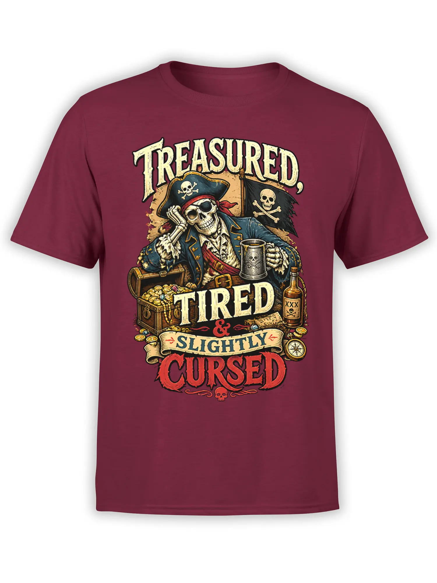 Vintage pirate skeleton captain T-shirt in burgundy with treasure chest and “Slightly Cursed” design