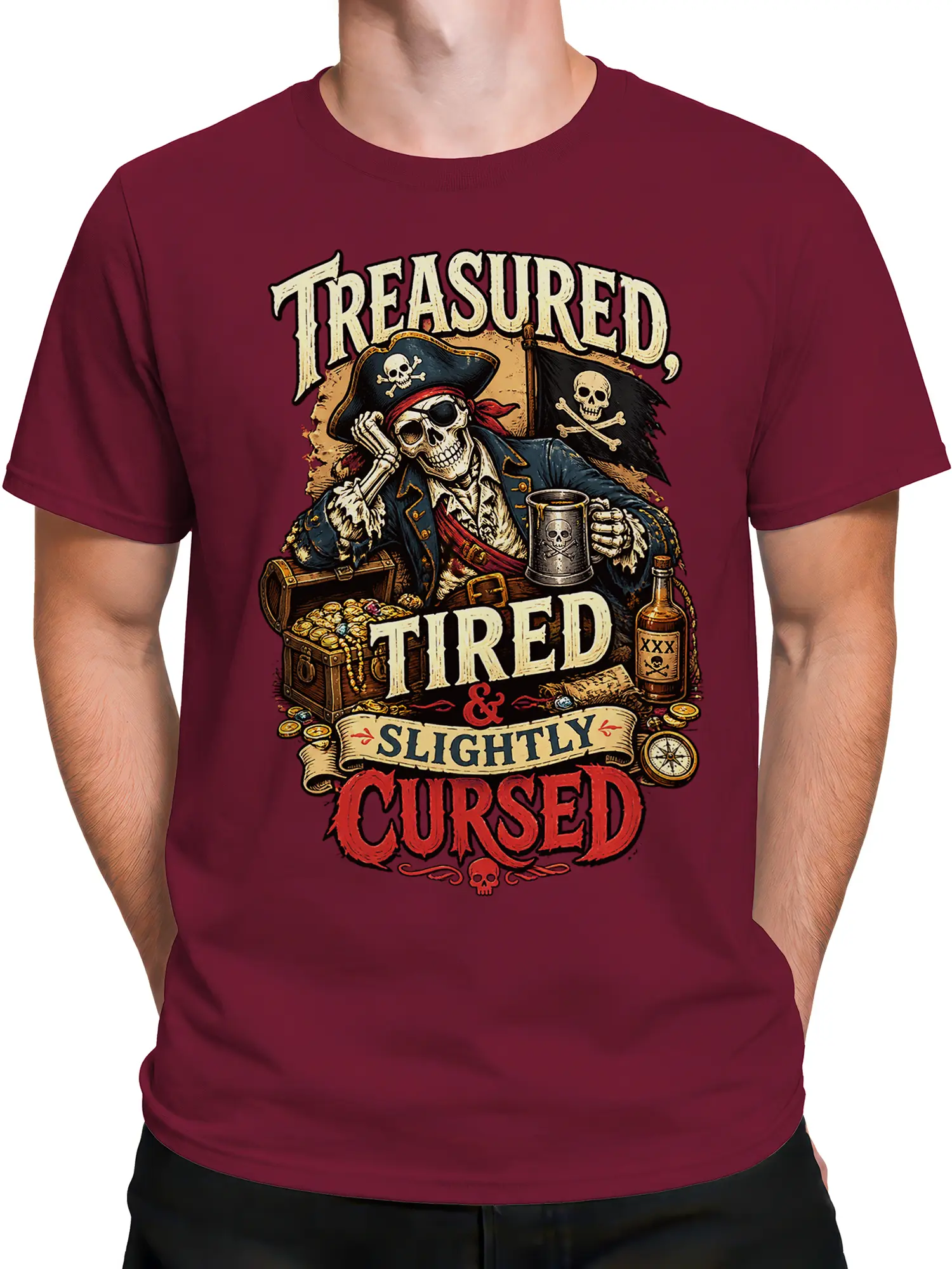 Male torso wearing a burgundy pirate T-shirt with vintage skeleton treasure artwork