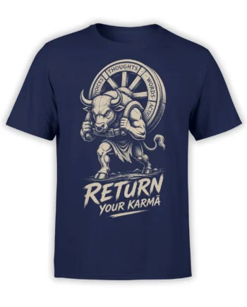 Fierce bull warrior graphic with “Return Your Karma” message on a navy T-shirt