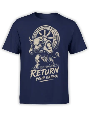 Fierce bull warrior graphic with “Return Your Karma” message on a navy T-shirt