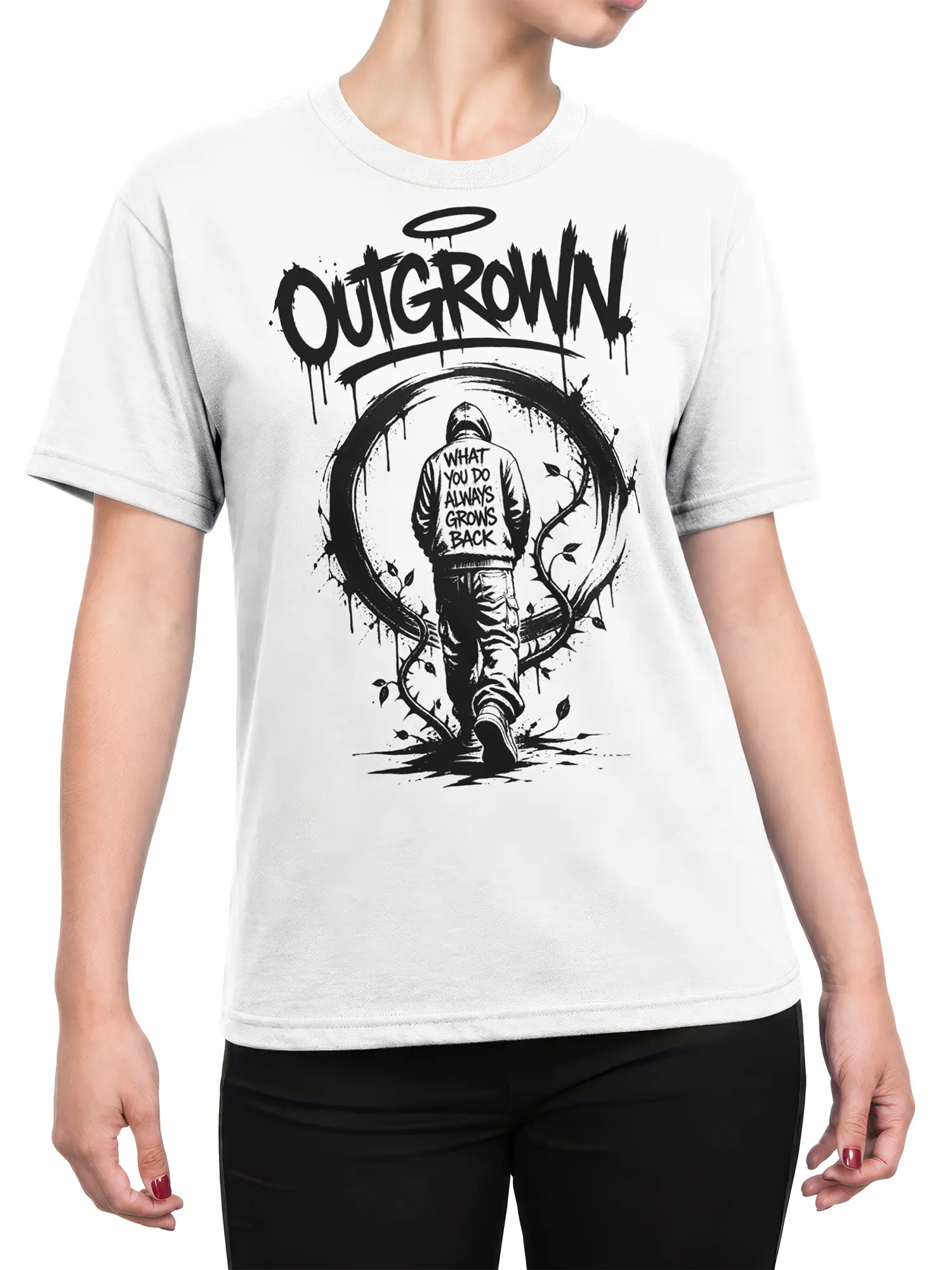 Female torso wearing a white T-shirt with a black Outgrow It hooded figure and vine graphic