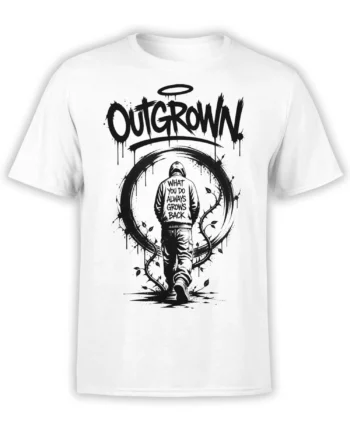 White T-shirt with black Outgrow It lettering, hooded figure, halo, vines, and the message What You Do Always Grows Back