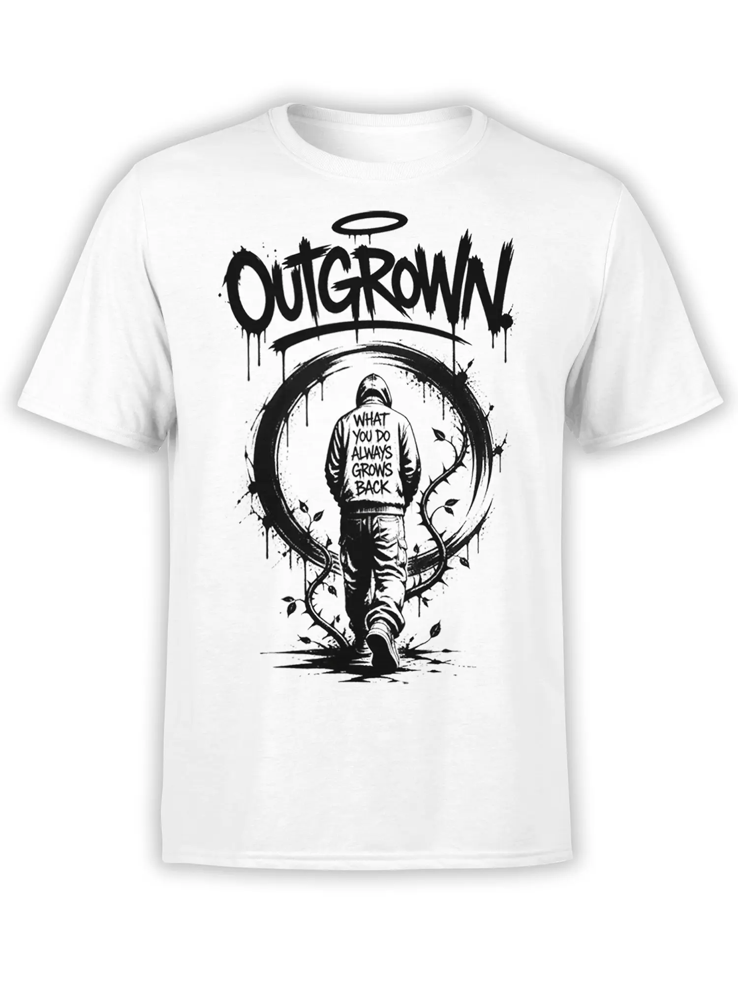 White T-shirt with black Outgrow It lettering, hooded figure, halo, vines, and the message What You Do Always Grows Back