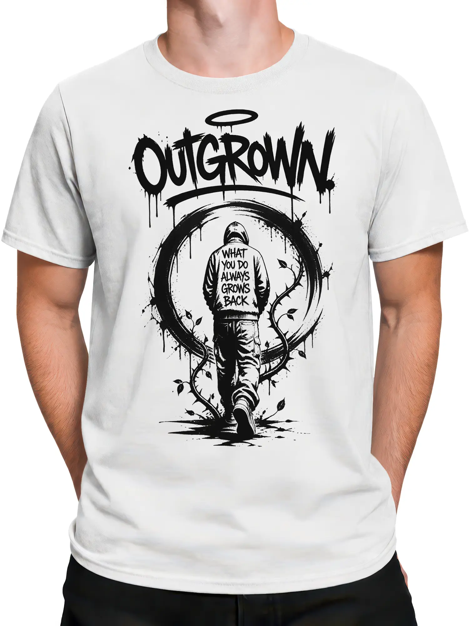 Male torso wearing a white T-shirt with the black Outgrow It growth and resilience design