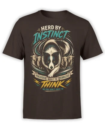 Brown wolf t-shirt with a black-and-white wolf, sheep, and “Herd by Instinct” graphic