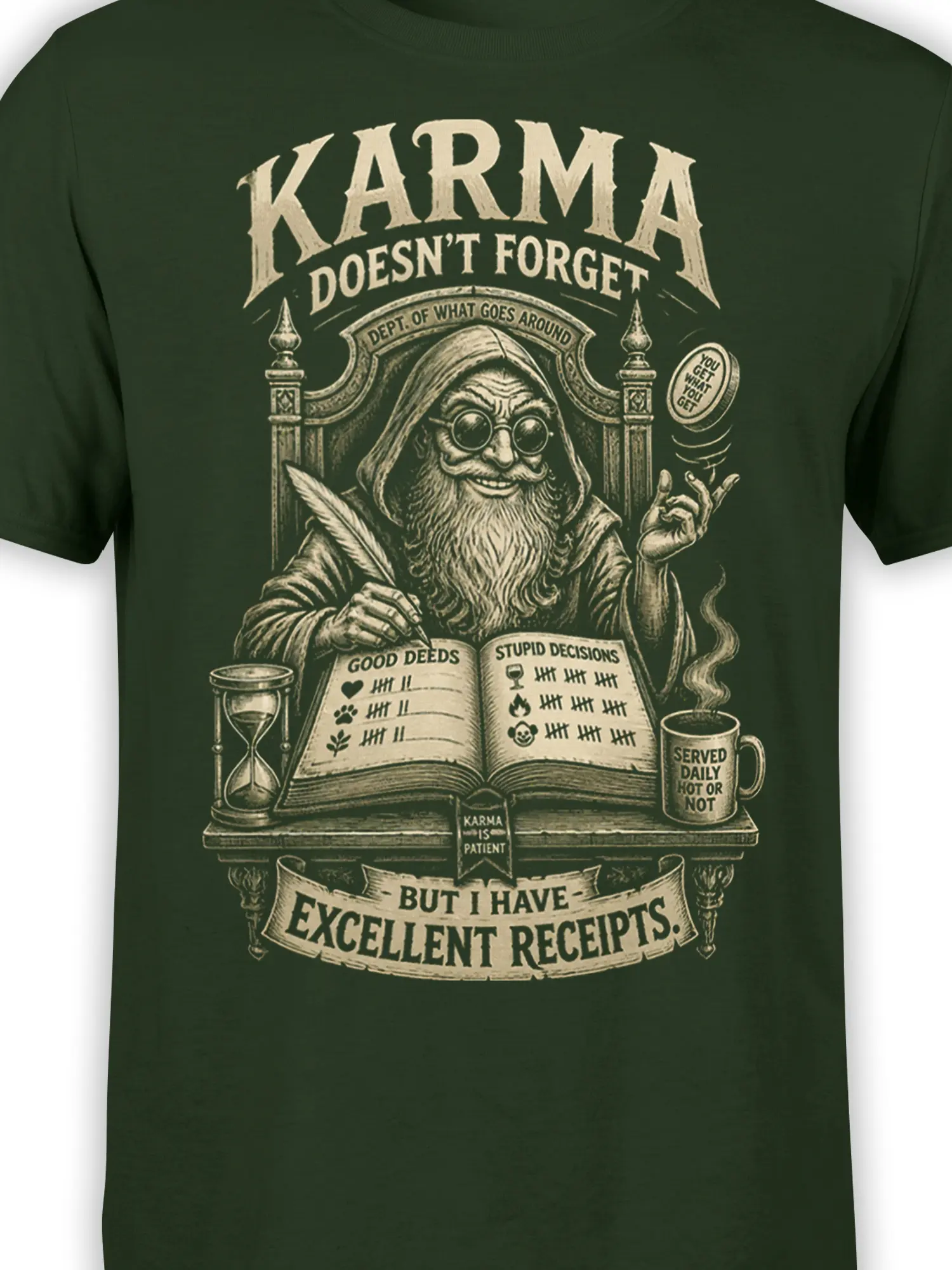 Close-up of karma wizard artwork with round glasses, quill, open ledger, and moral accounting details