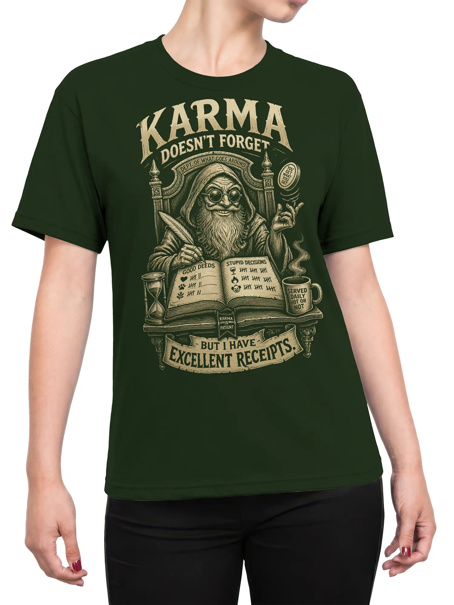 Female torso wearing a dark green karma wizard T-shirt with vintage fantasy artwork and moral receipts text