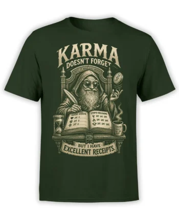Dark green karma wizard T-shirt with a hooded figure, ledger of good deeds, and excellent receipts banner