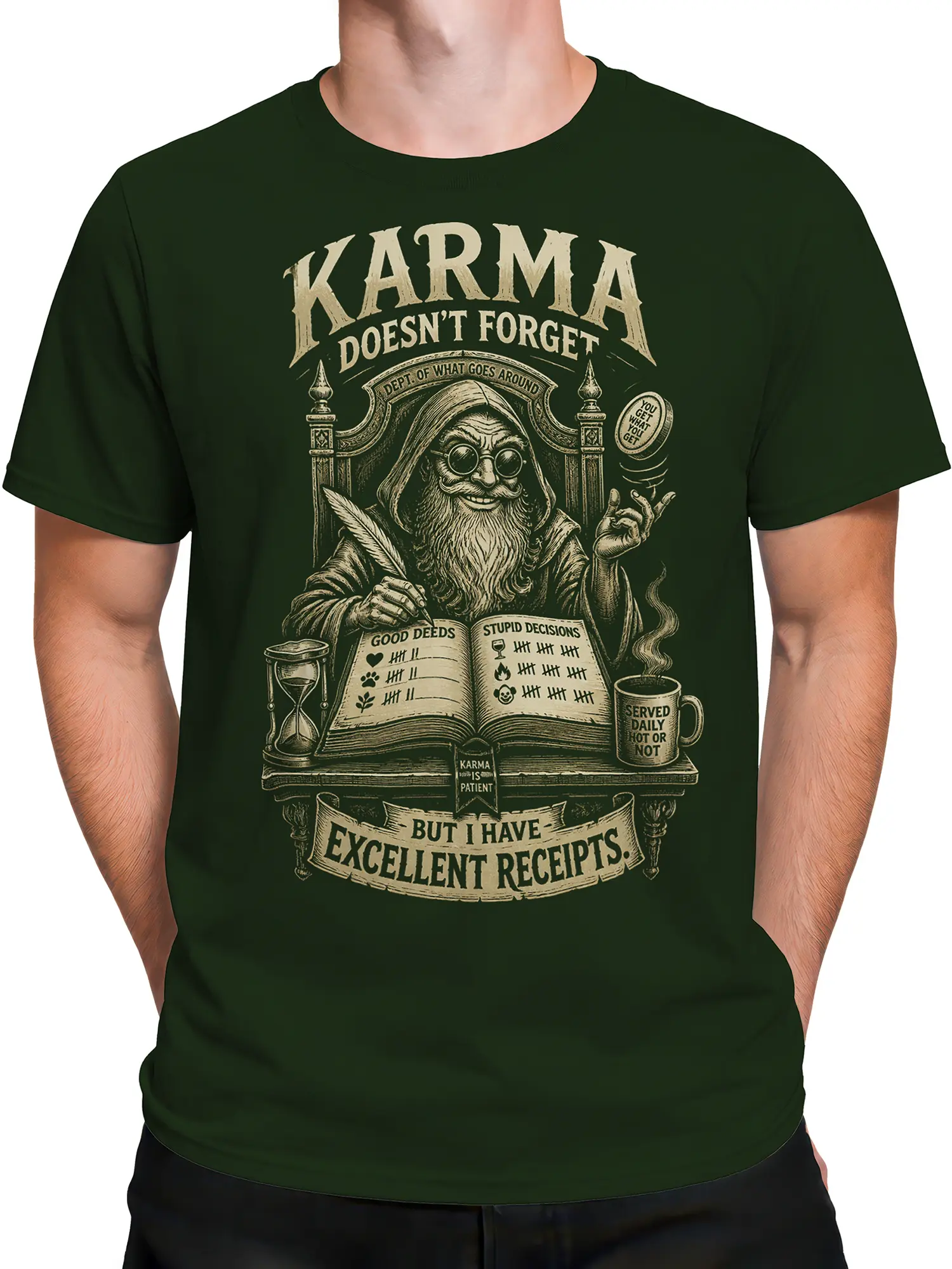 Male torso wearing a dark green karma wizard T-shirt with a hooded figure and excellent receipts banner