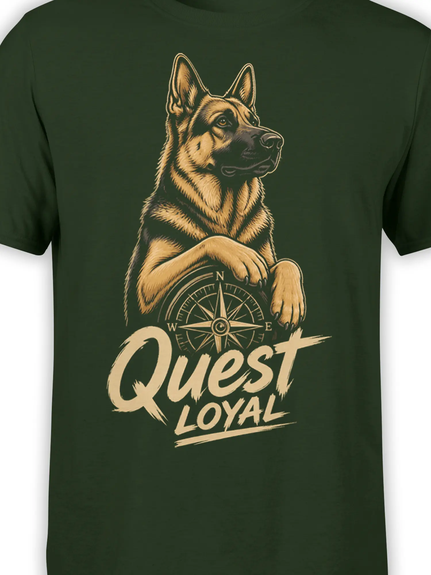 Close-up of German Shepherd and compass artwork on green Quest Loyal T-shirt