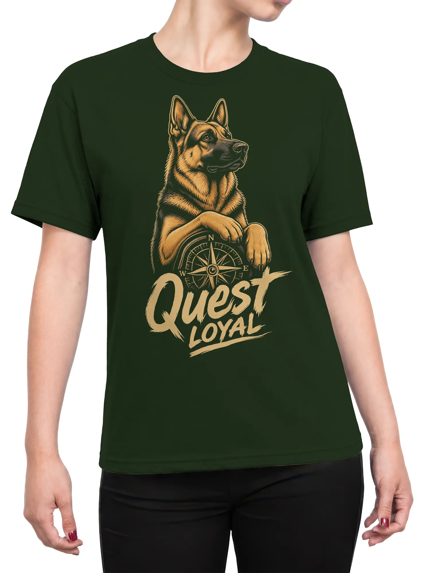 Female torso wearing a green German Shepherd T-shirt with vintage compass artwork