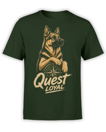 Green German Shepherd T-shirt with compass rose and bold “Quest Loyal” vintage artwork