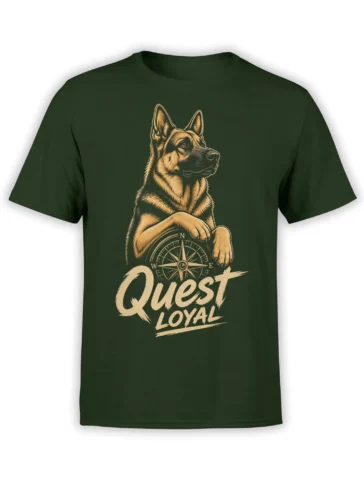 Green German Shepherd T-shirt with compass rose and bold “Quest Loyal” vintage artwork