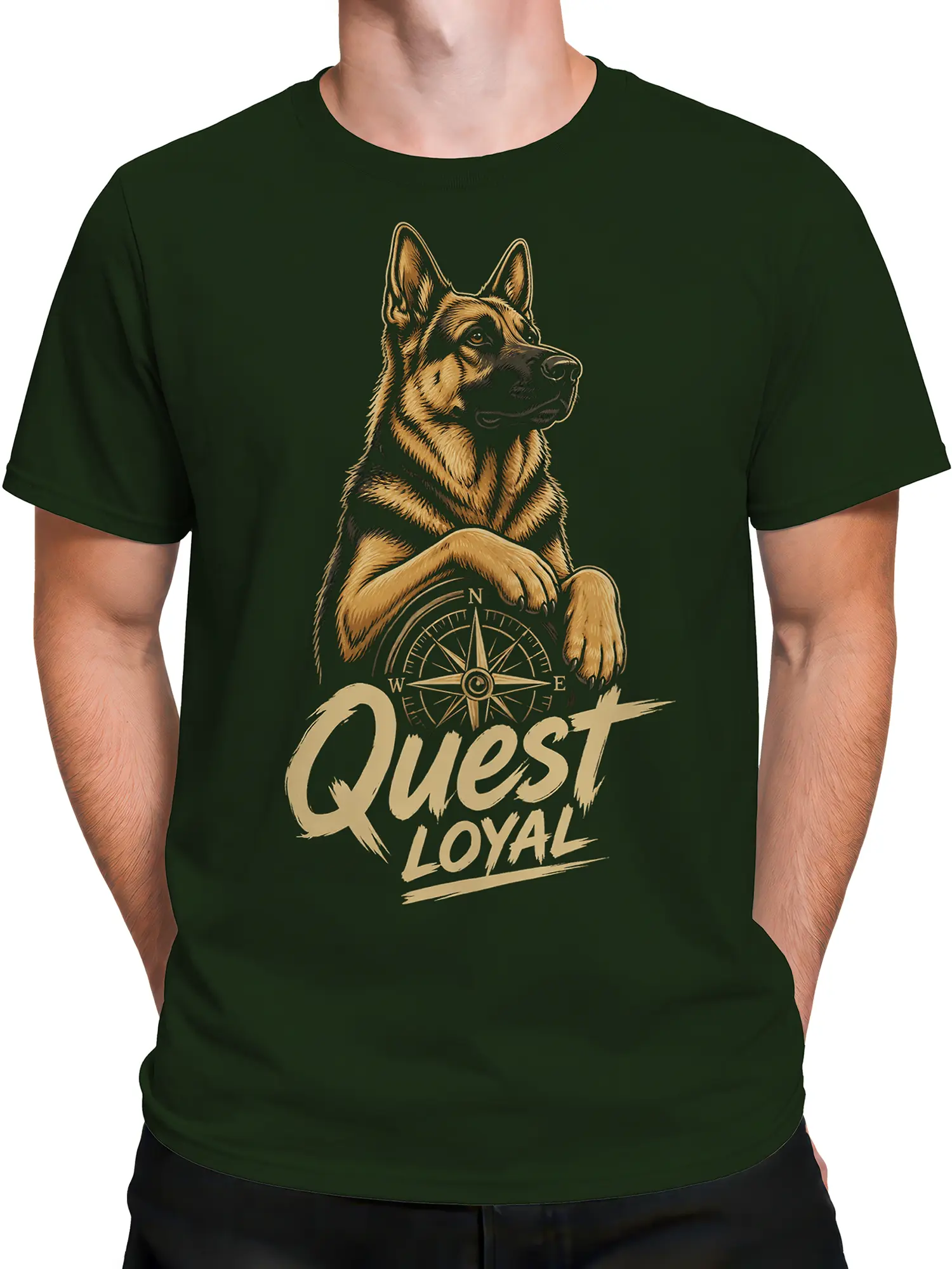 Male torso wearing a green German Shepherd T-shirt with Quest Loyal compass design