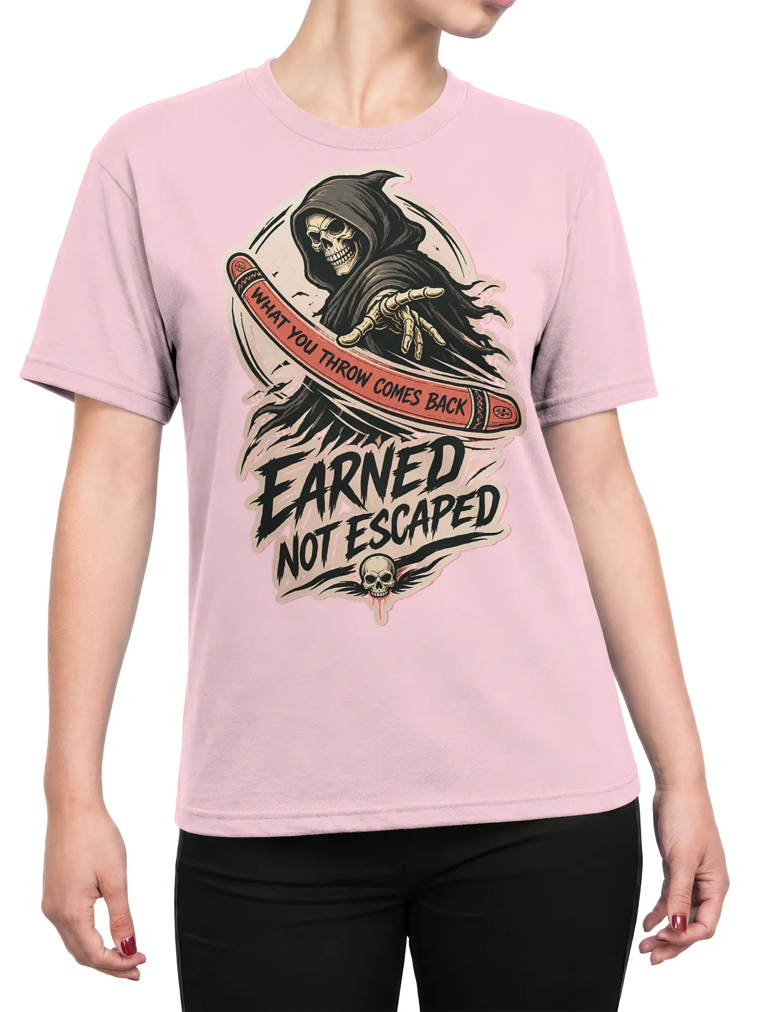 Female torso wearing pink reaper skull T-shirt with bold karma and consequence artwork