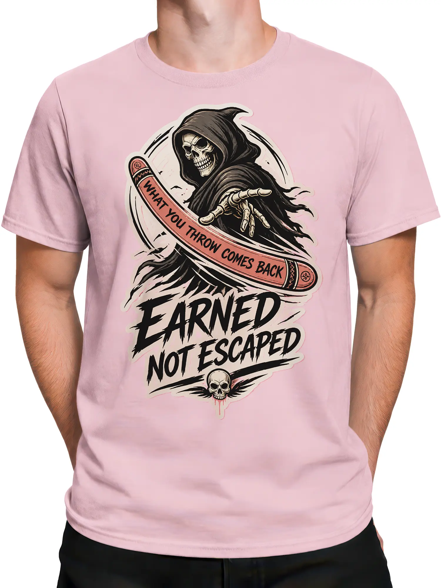 Male torso wearing pink skull T-shirt with hooded reaper and “Earned Not Escaped” design