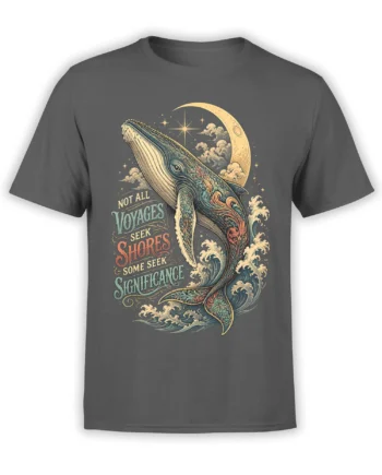 Gray whale t-shirt with a crescent moon, ocean waves, stars, and a meaningful voyage quote