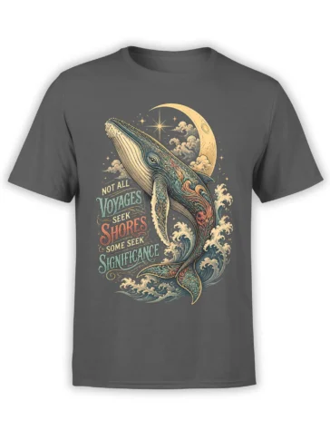Gray whale t-shirt with a crescent moon, ocean waves, stars, and a meaningful voyage quote