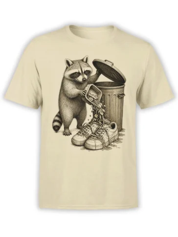 Beige raccoon T-shirt showing a detailed trash bandit dumping garbage onto battered sneakers