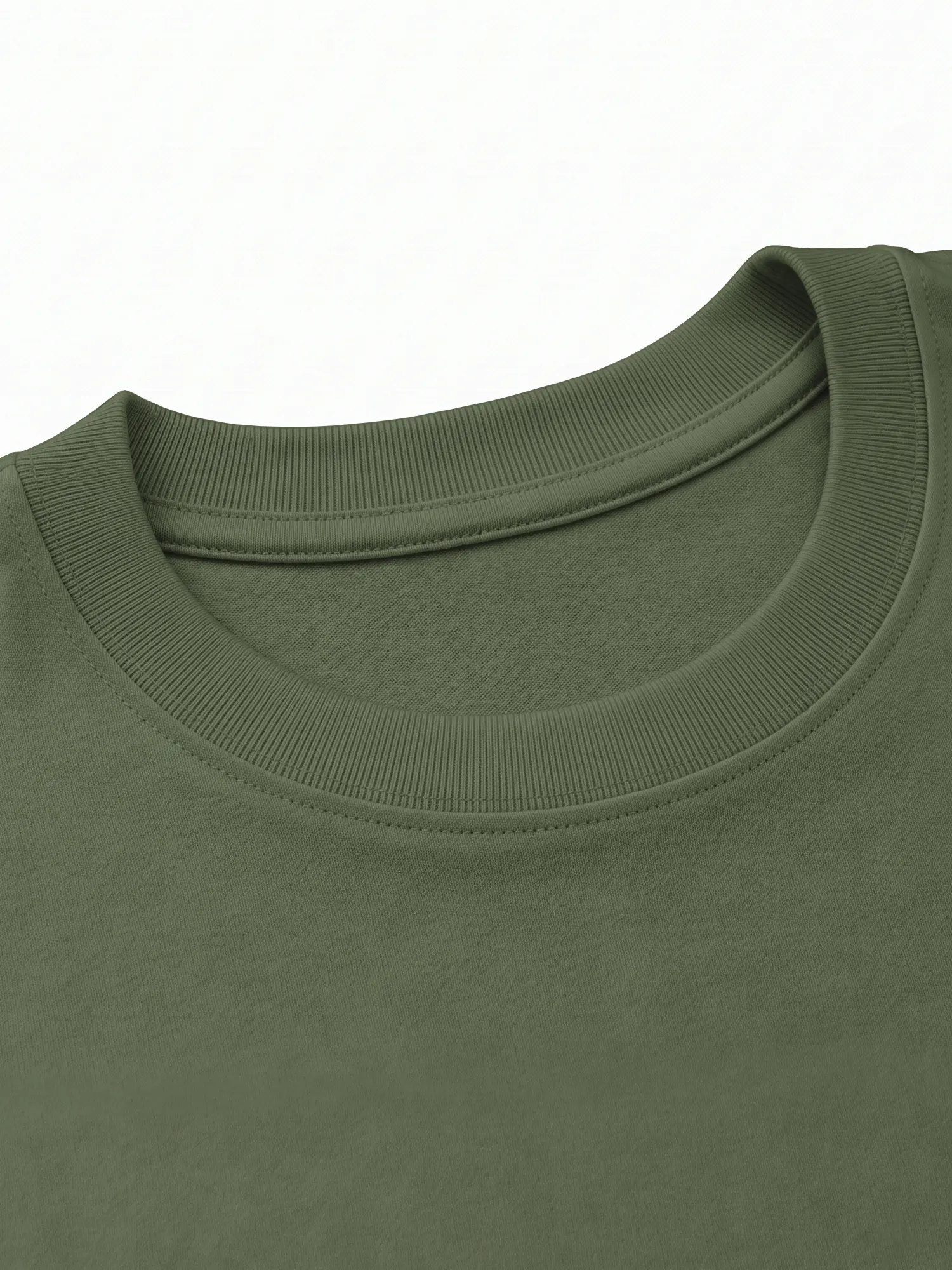 Olive green cotton T-shirt collar and upper fabric shown in a close-up product view