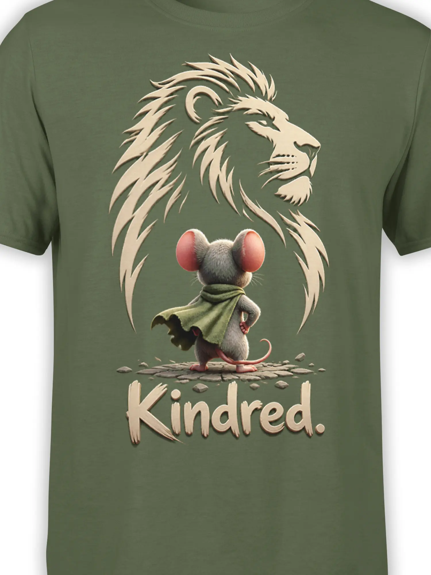 Close-up of the cream lion, caped mouse, and Kindred artwork on an olive green T-shirt