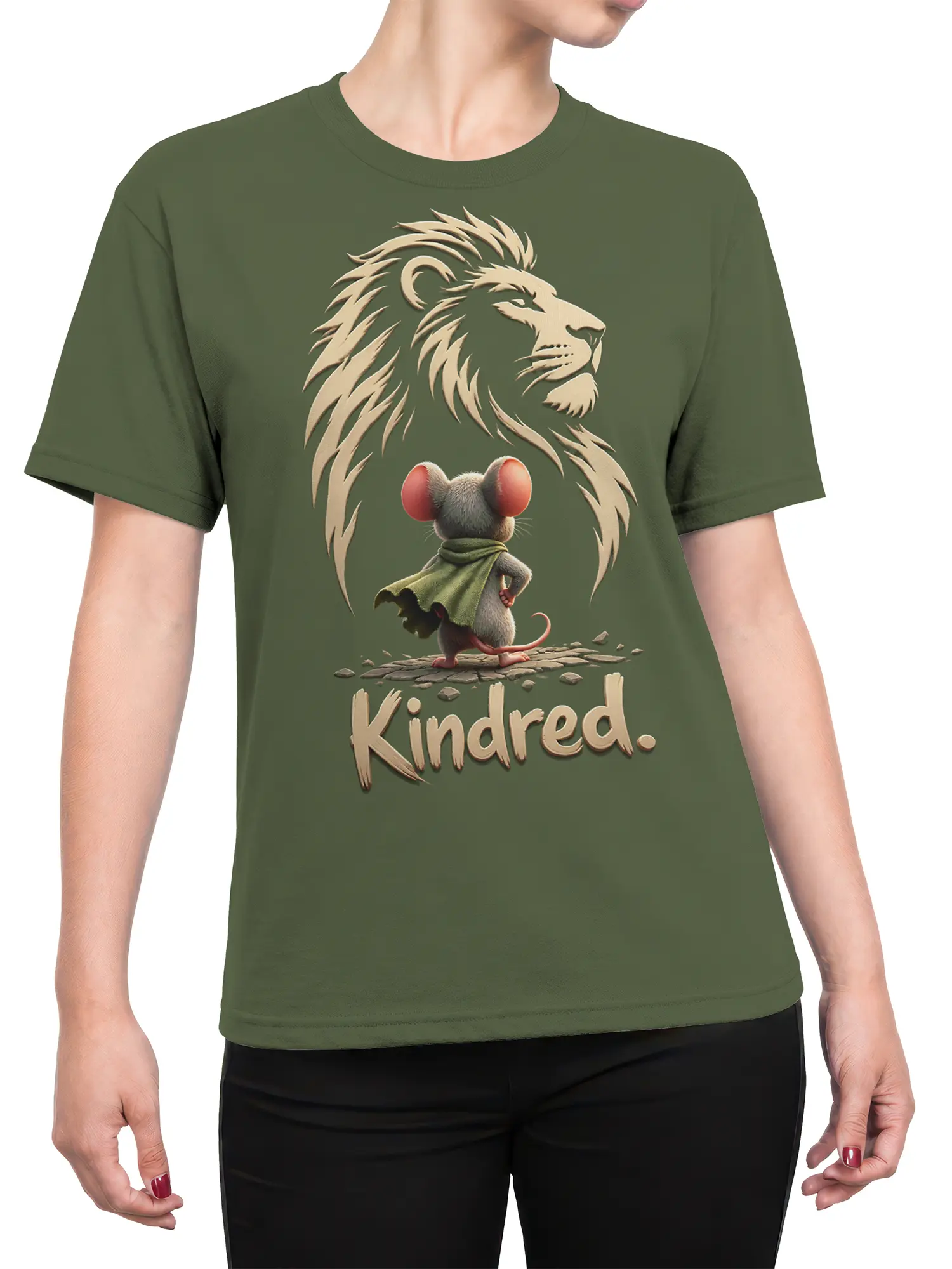 Female torso wearing an olive green Kindred T-shirt with a lion, caped mouse, and fantasy artwork