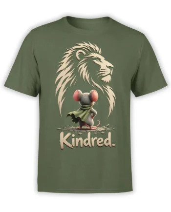 Olive green lion and mouse T-shirt with a caped mouse beneath a cream lion and Kindred text