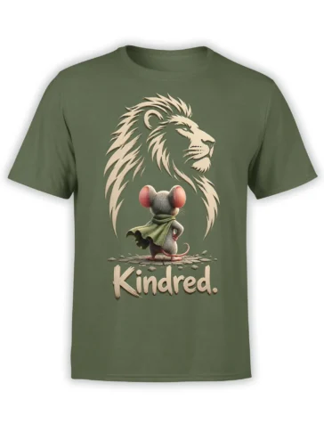 Olive green lion and mouse T-shirt with a caped mouse beneath a cream lion and Kindred text