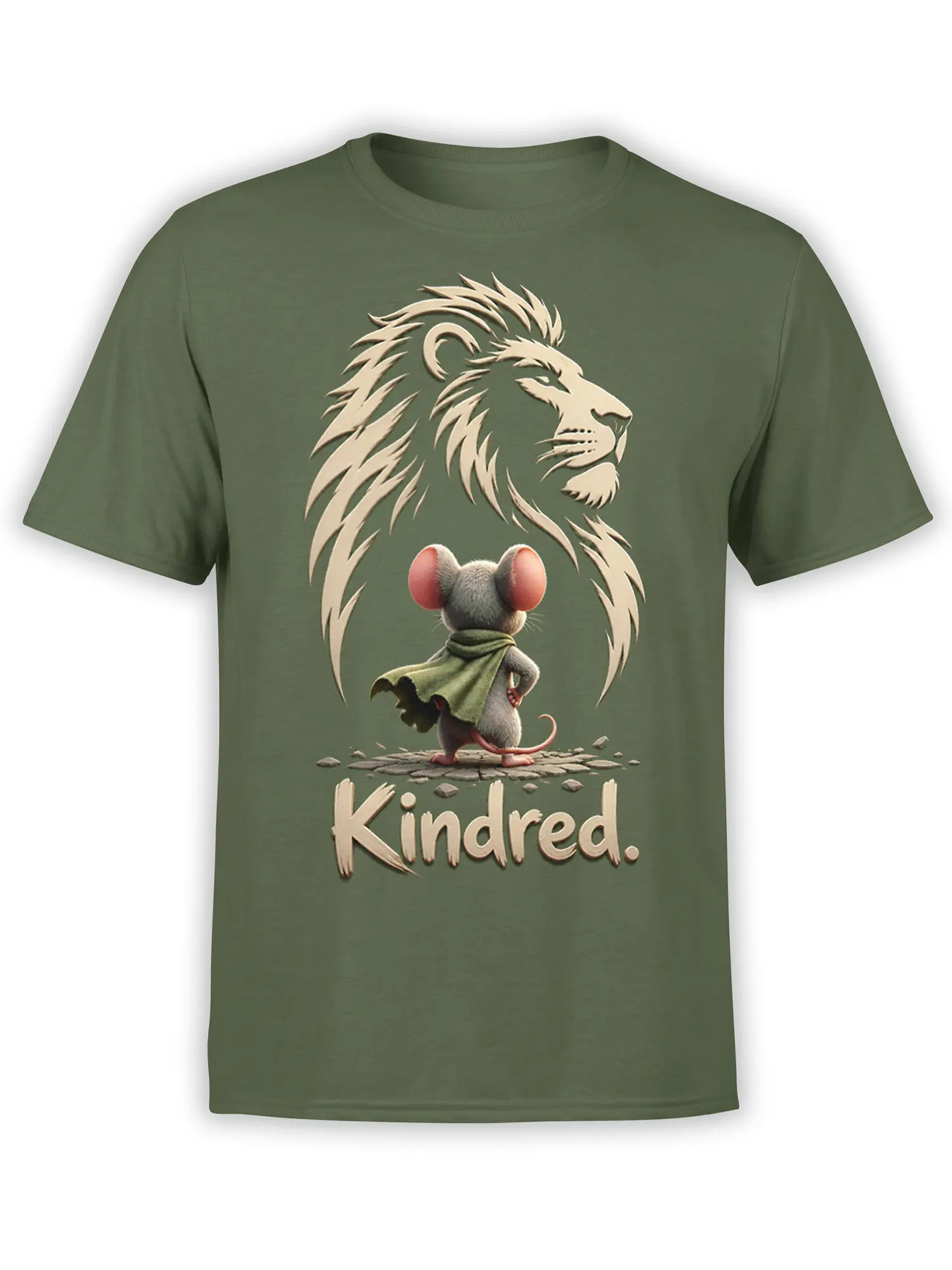 Olive green lion and mouse T-shirt with a caped mouse beneath a cream lion and Kindred text