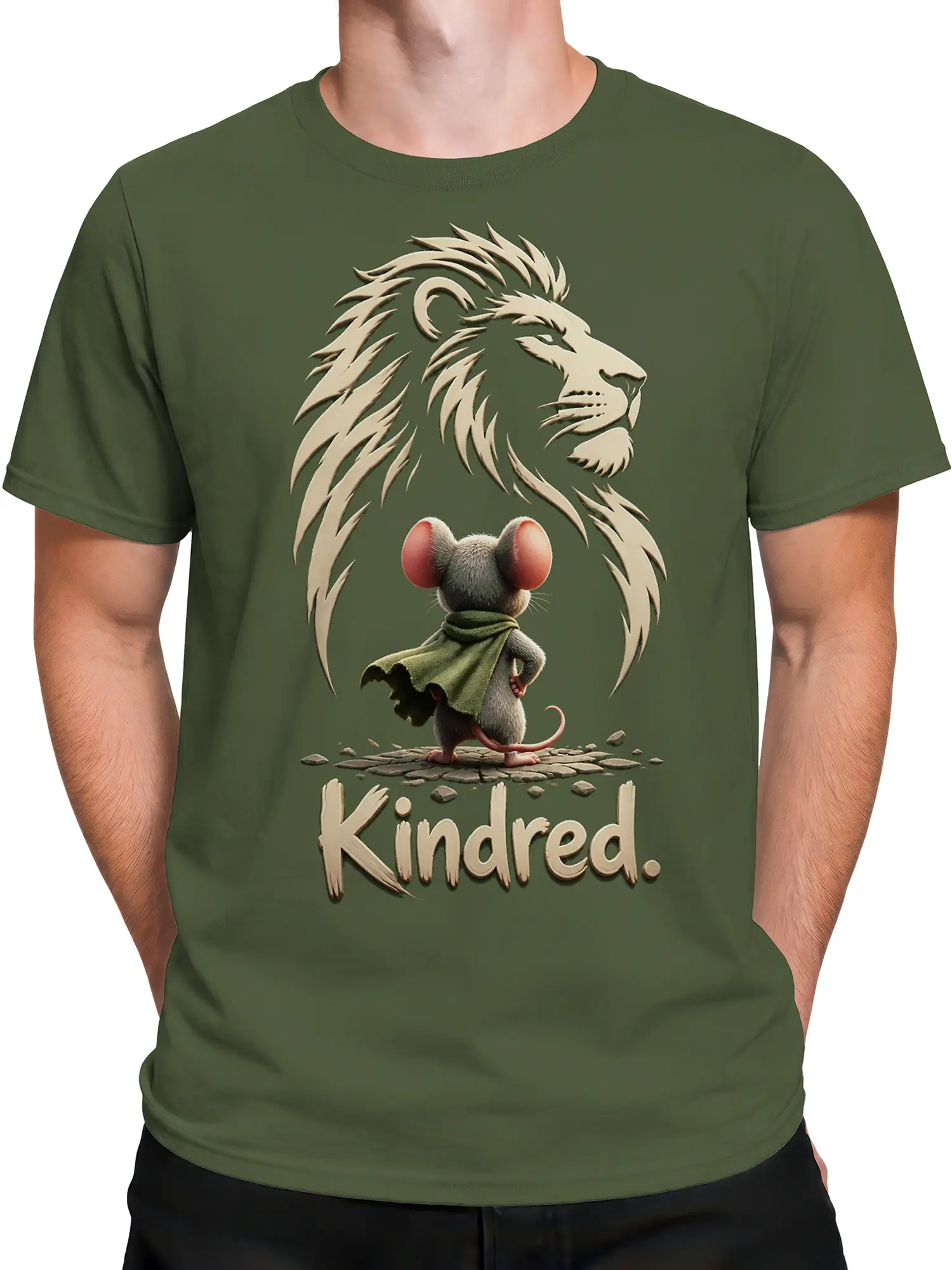 Male torso wearing an olive green lion and mouse T-shirt with Kindred fantasy artwork