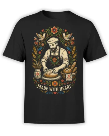 Black baker T-shirt with folk-art bread scene, flowers, wheat, birds, and “Made with Heart” text