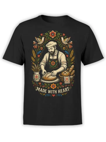 Black baker T-shirt with folk-art bread scene, flowers, wheat, birds, and “Made with Heart” text