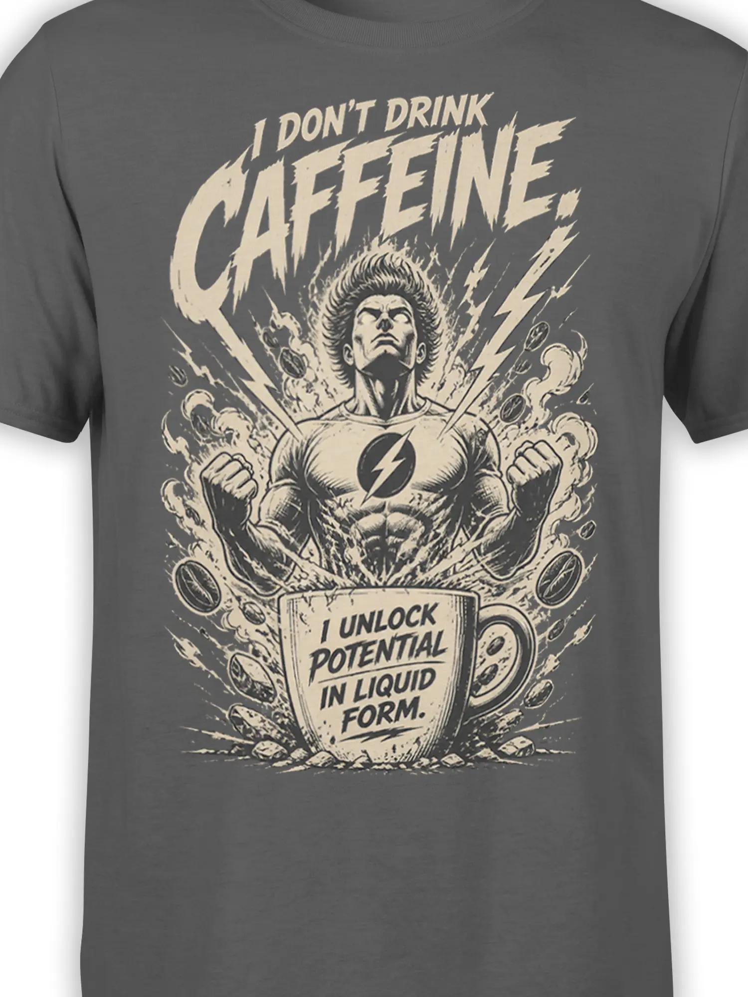 Close-up of the coffee hero graphic and liquid potential slogan printed on a gray T-shirt